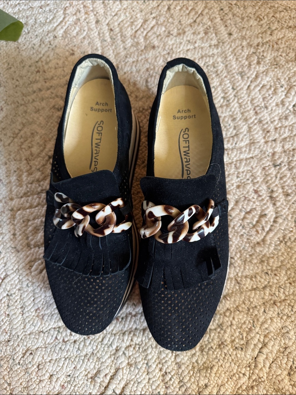 SoftWalk Black Slip-On Loafers with Tortoiseshell Chain Accent